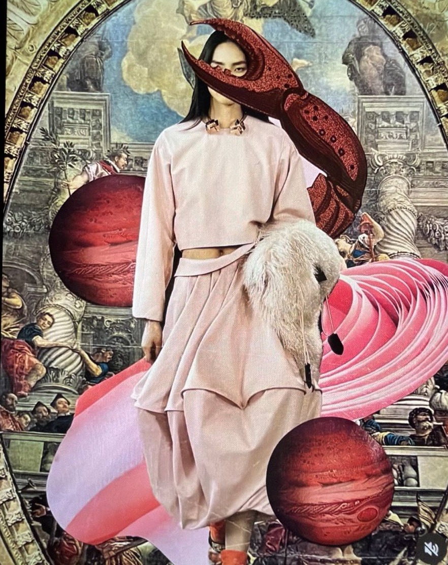 Collage: a blush-robed figure beneath a Renaissance dome, an oxblood lobster claw veiling the face, red planets, a swan, and pink cosmic spirals.